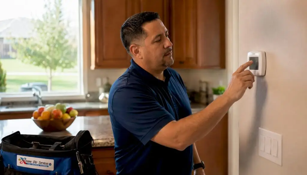 Homeowner adjusting thermostat for AC troubleshooting