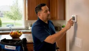 Homeowner adjusting thermostat for AC troubleshooting