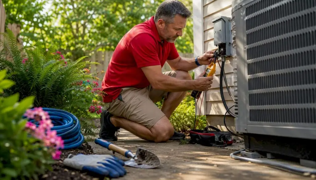 Homeowner testing outdoor air conditioner unit