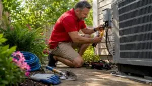 Homeowner testing outdoor air conditioner unit
