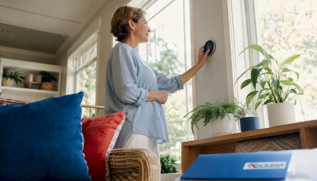 Woman adjusting smart thermostat at home