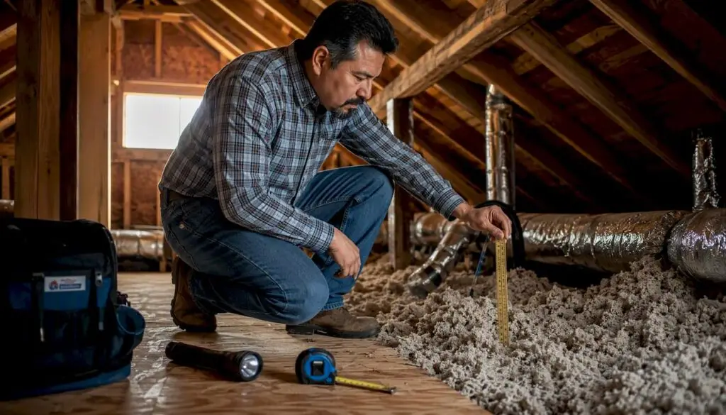 Man measuring attic insulation depth
