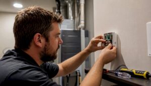 Hands replacing thermostat batteries close-up