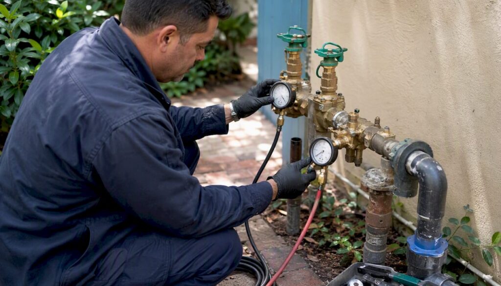 Technician testing backflow preventer with gauges