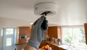 Hand replacing battery in ceiling smoke detector