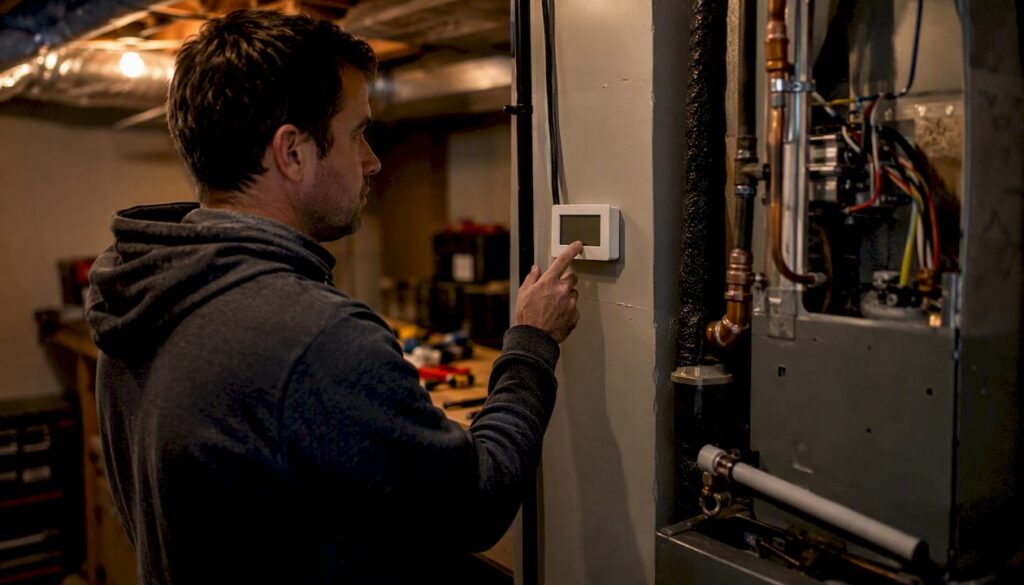Home utility room with thermostat and air handler
