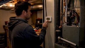 Home utility room with thermostat and air handler