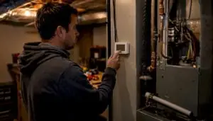 Home utility room with thermostat and air handler