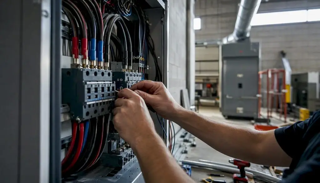 Hands wiring commercial electrical panel