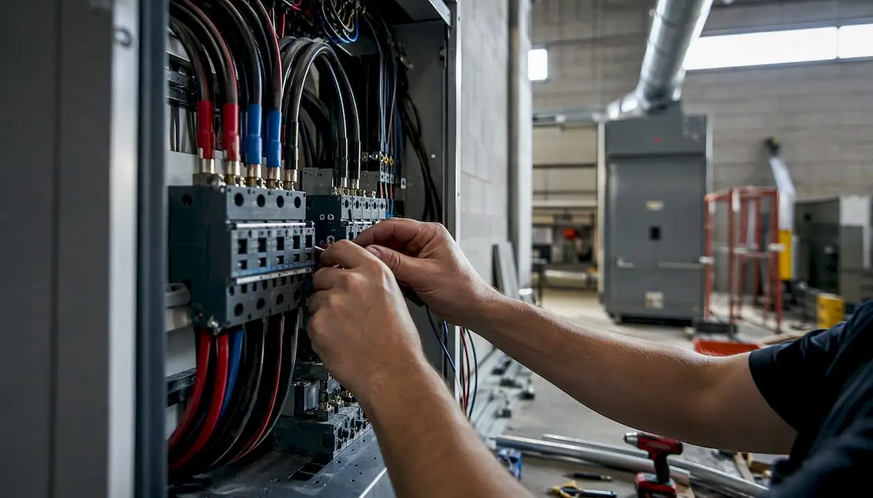 Hands wiring commercial electrical panel