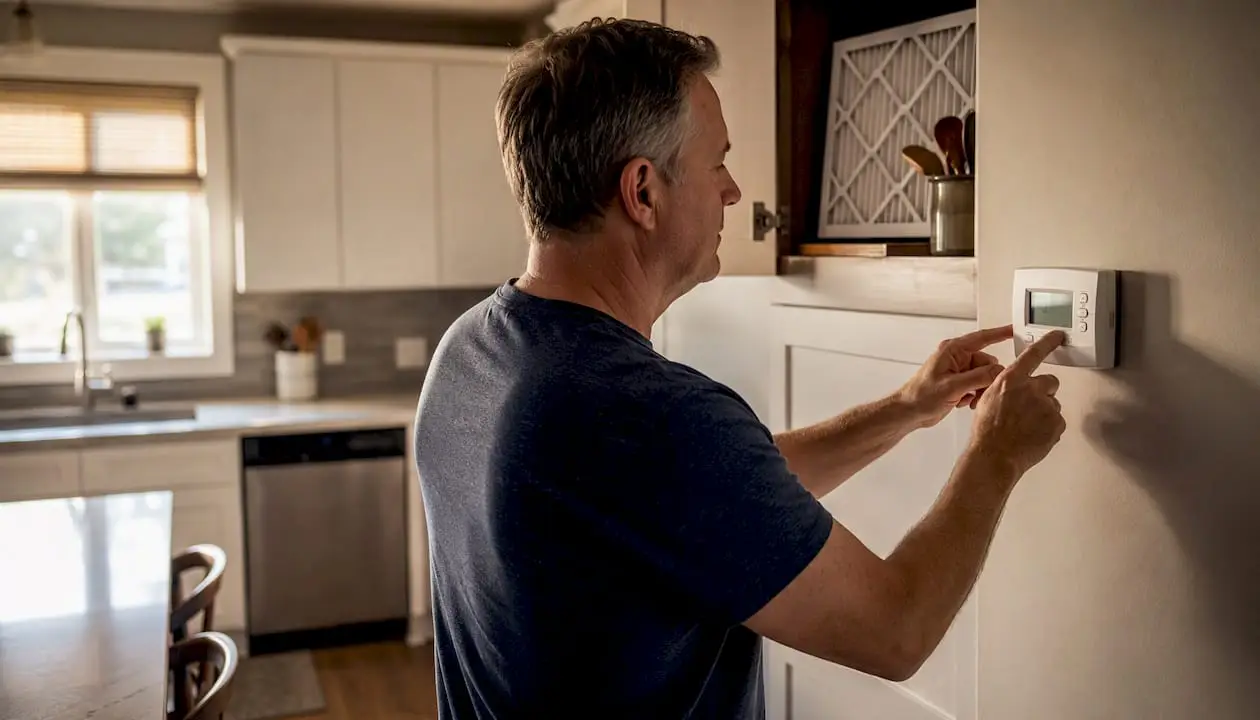 Hands adjusting thermostat and changing filter