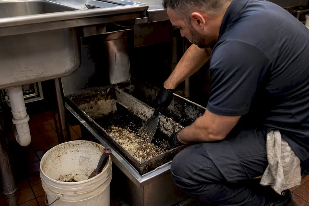 Technician cleaning grease trap in kitchen