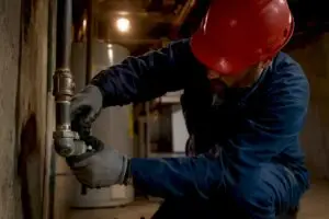 Technician inspecting gas line valve in basement