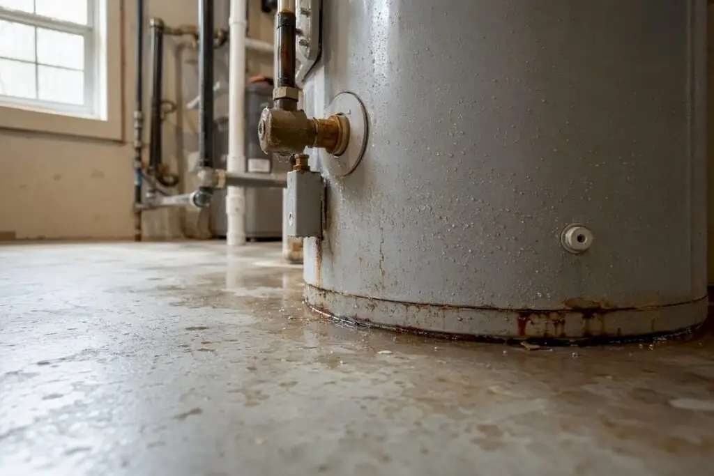 Close-up of leaking water heater bottom