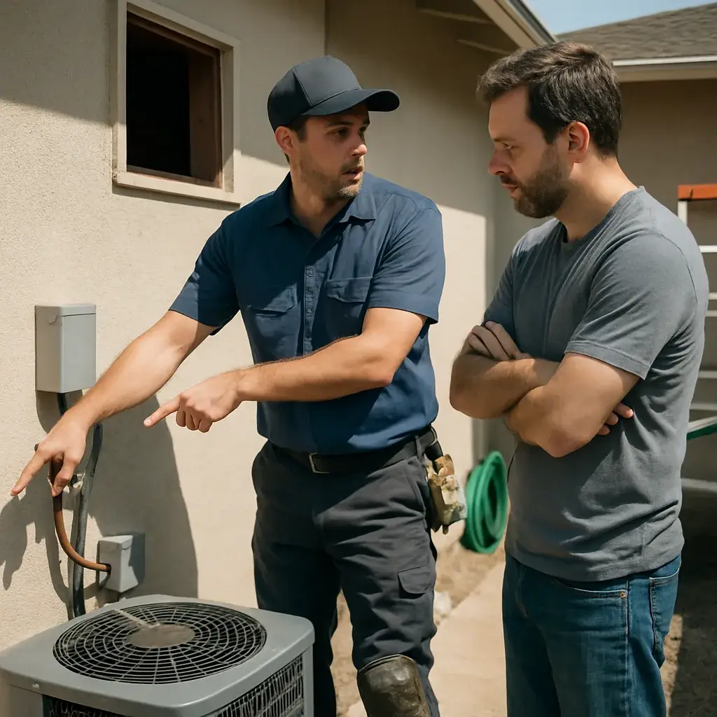 HVAC installer explains AC installation cost factors to homeowner in Sunnyvale yard