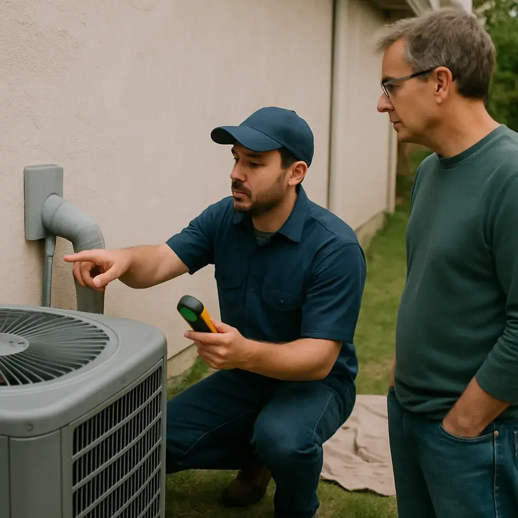 HVAC installer inspects A/C condenser unit during installation in Sunnyvale home