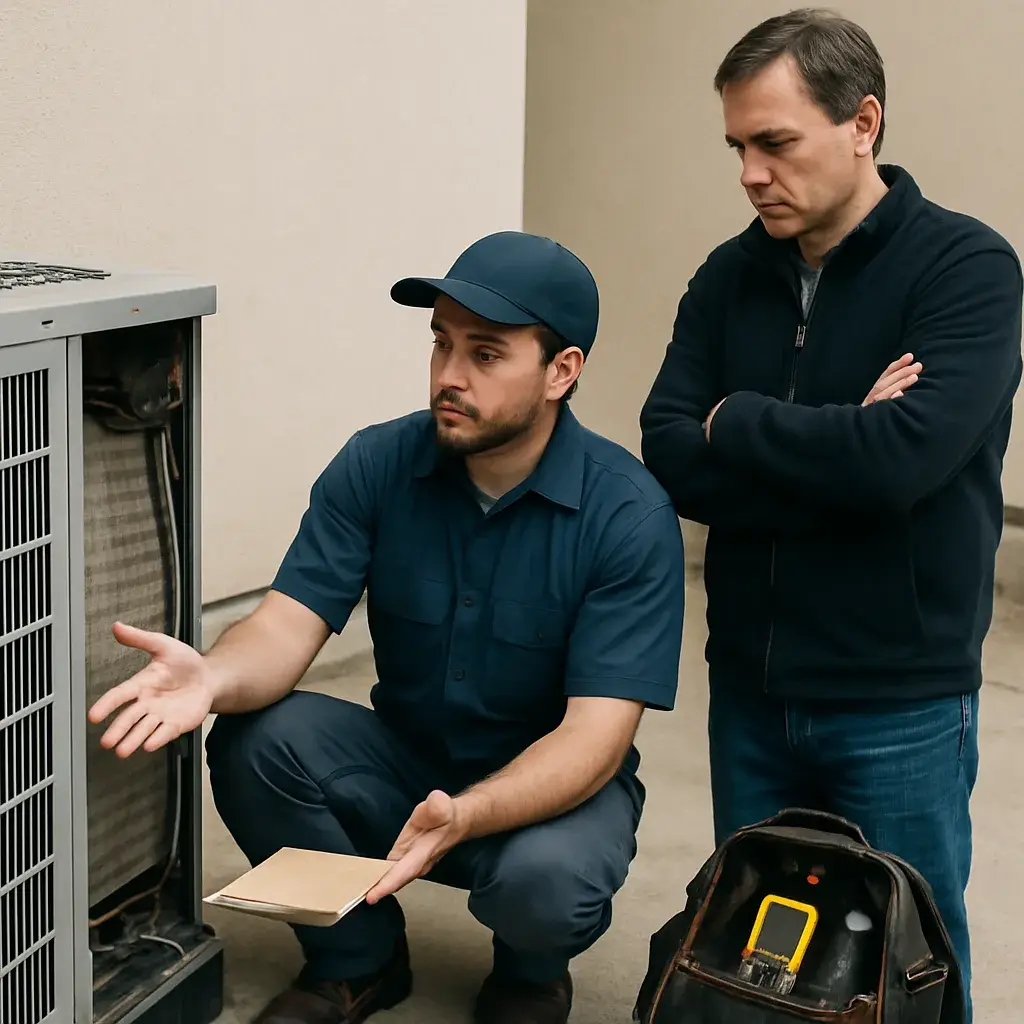 HVAC technician explains AC installation fit to homeowner in Sunnyvale driveway