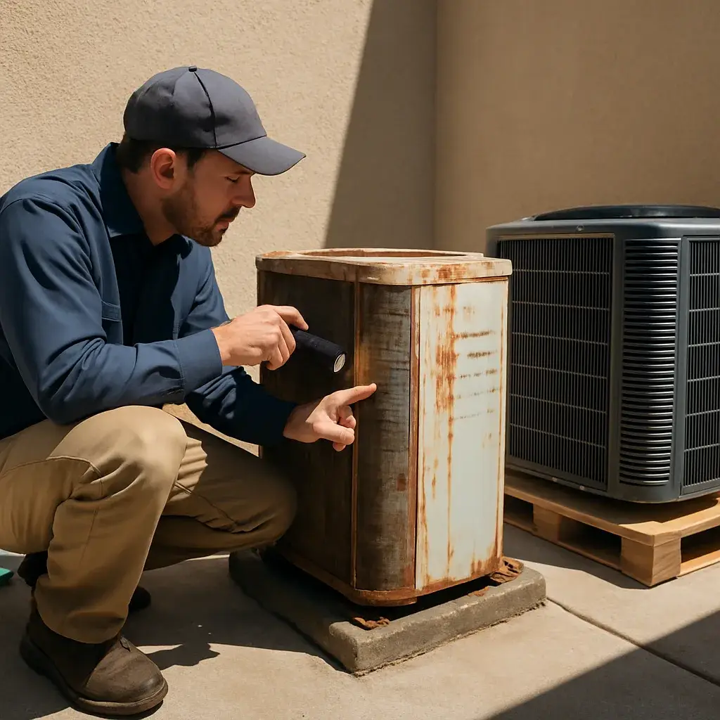 AC installation technician compares old rusted unit to new unit in Sunnyvale