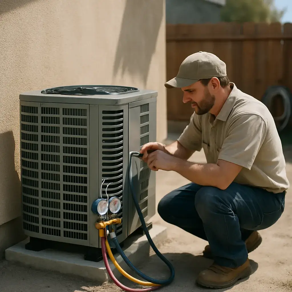 Technician installing outdoor A/C condenser unit at a Sunnyvale home