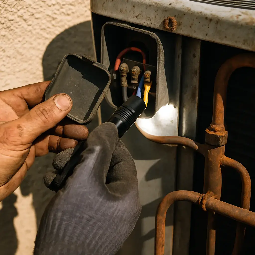 ac-installation-condenser-inspection-worn-components-closeup Technician inspects worn AC condenser parts before recommending installation alternative