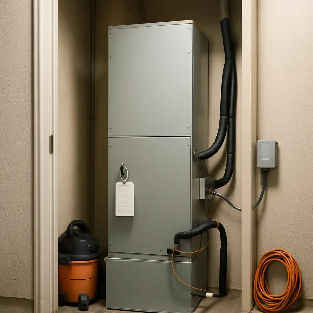ac-installation-completed-air-handler-garage-sunnyvale Newly installed air handler unit in Sunnyvale garage after A/C installation