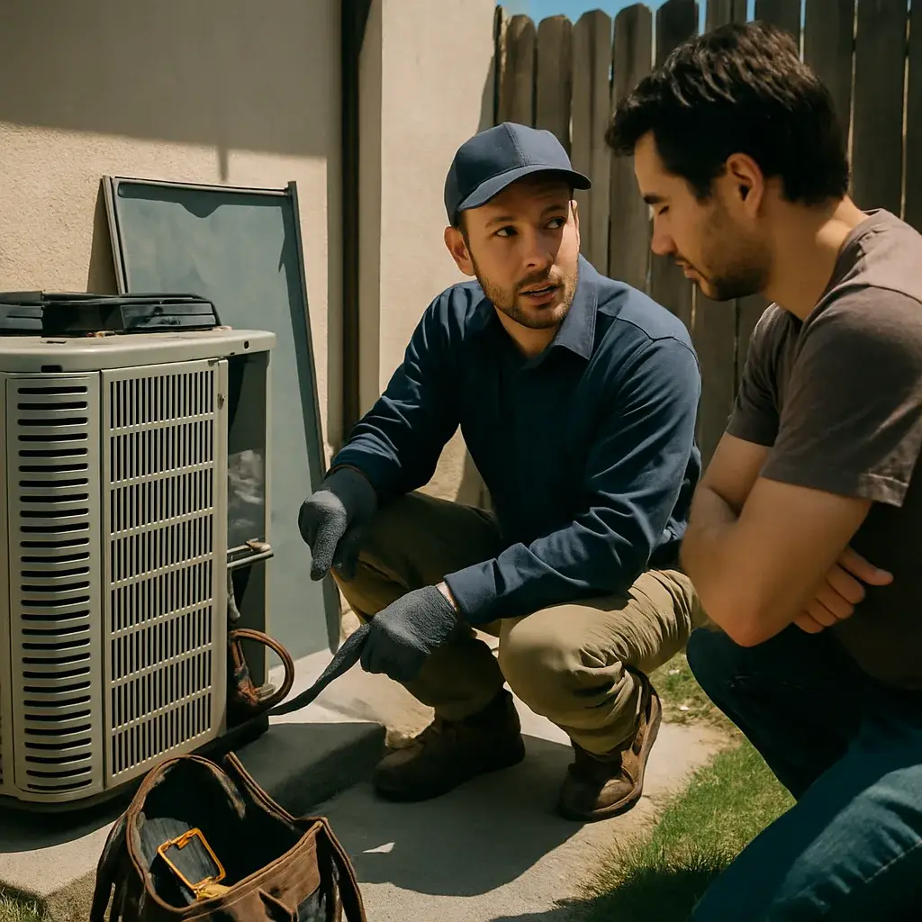 Technician explains A/C condenser repair cost to homeowner in Sunnyvale backyard