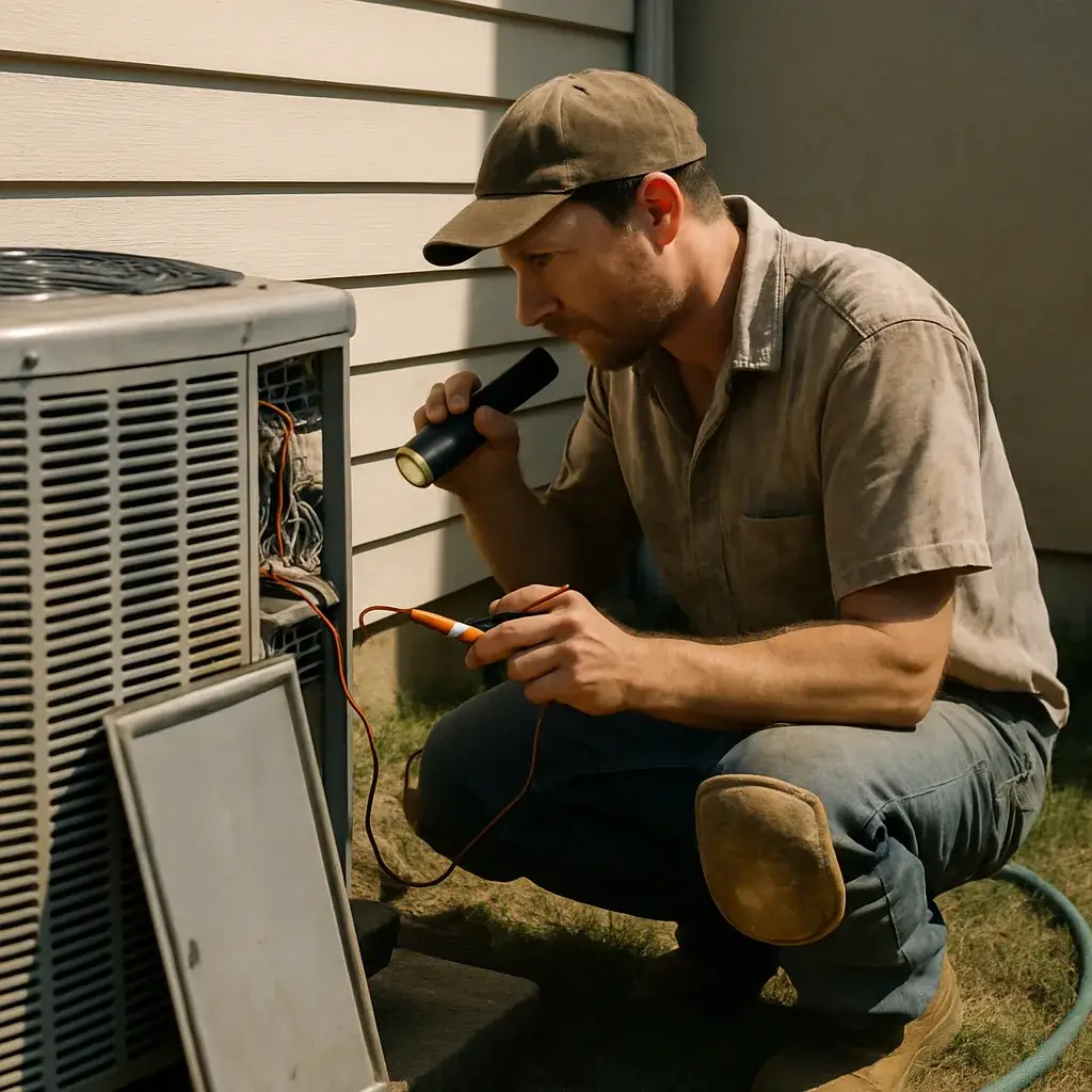 HVAC technician inspecting AC condenser unit during repair call in Sunnyvale