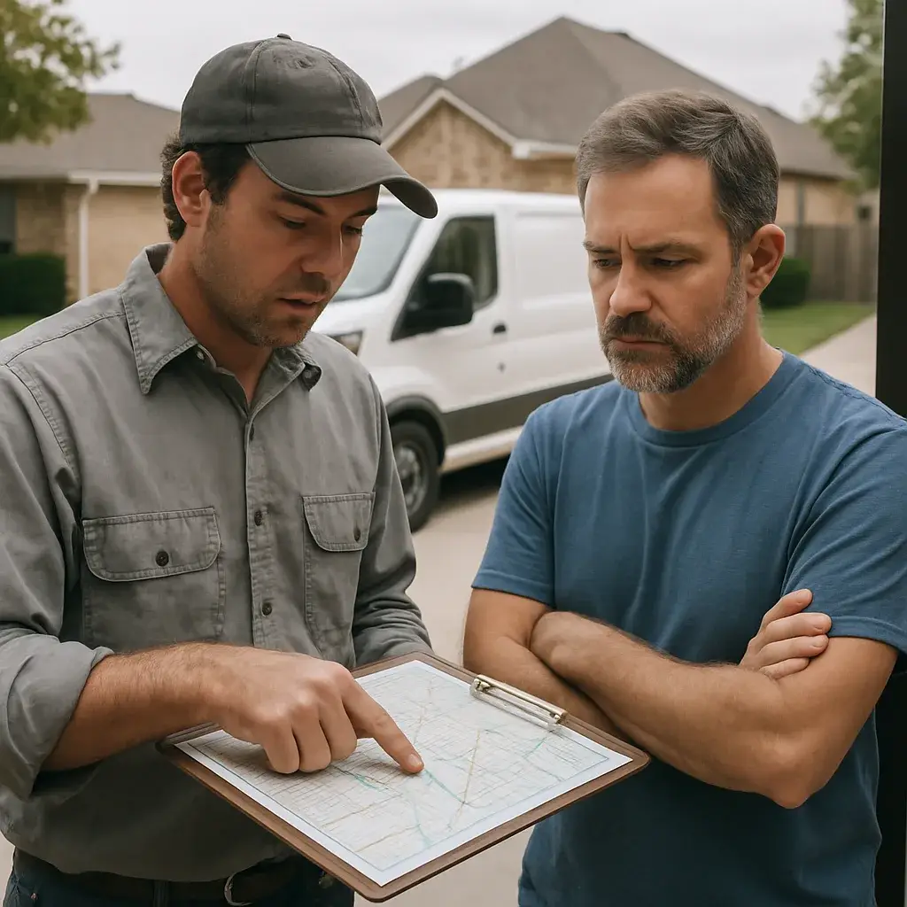 HVAC technician explains service area limits to homeowner in Sunnyvale doorway