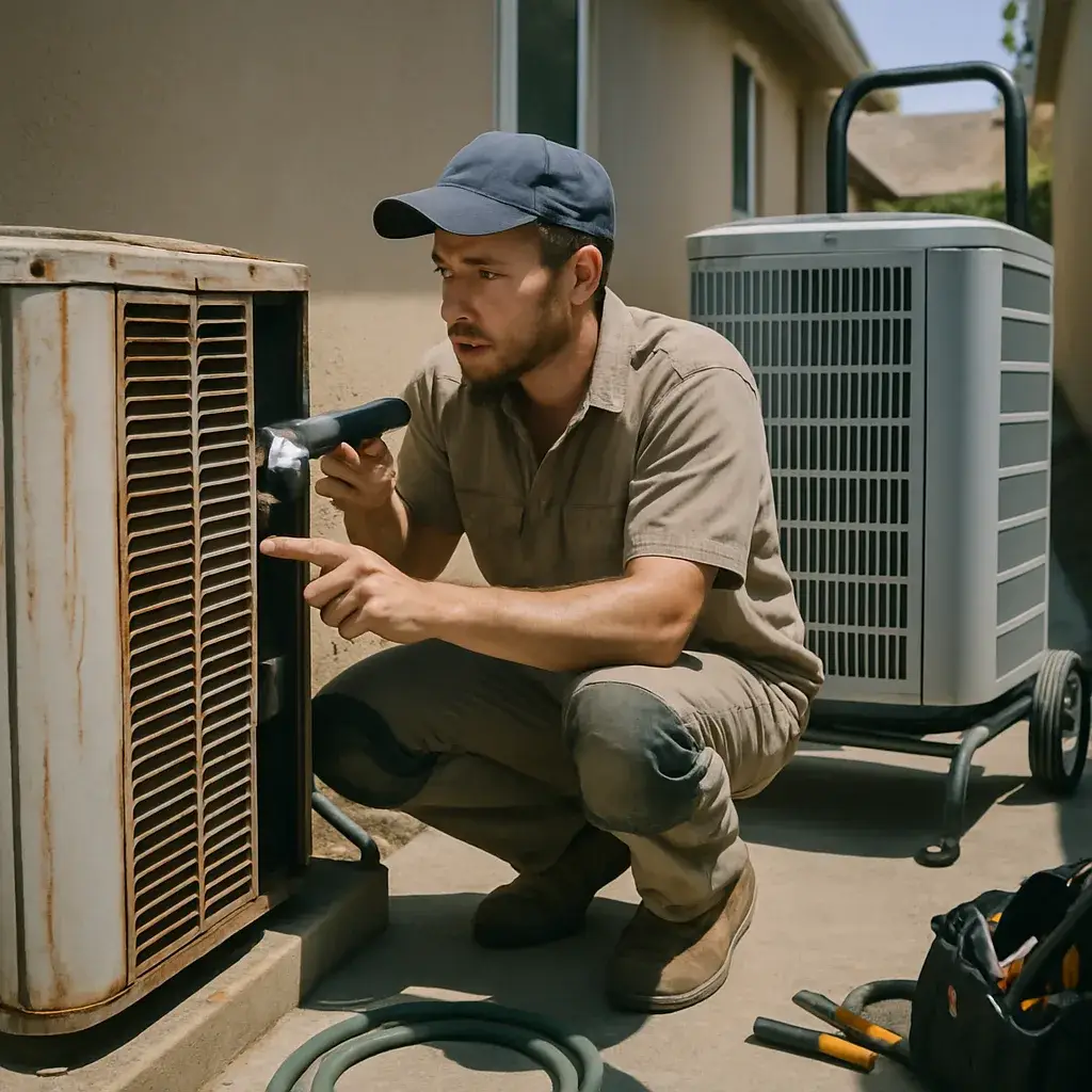 Technician compares old and new AC condenser units during Sunnyvale repair visit