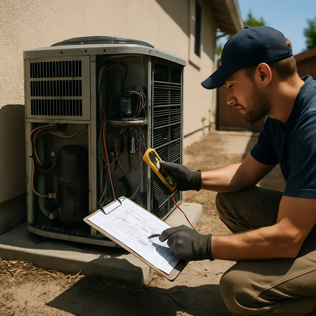 Technician diagnosing A/C condenser unit repair at a Sunnyvale home exterior