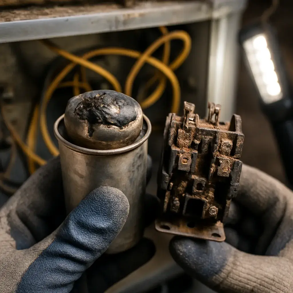 ac-system-repair-failed-capacitor-contactor-cost-driver Burned A/C capacitor and corroded contactor, common Sunnyvale A/C repair parts