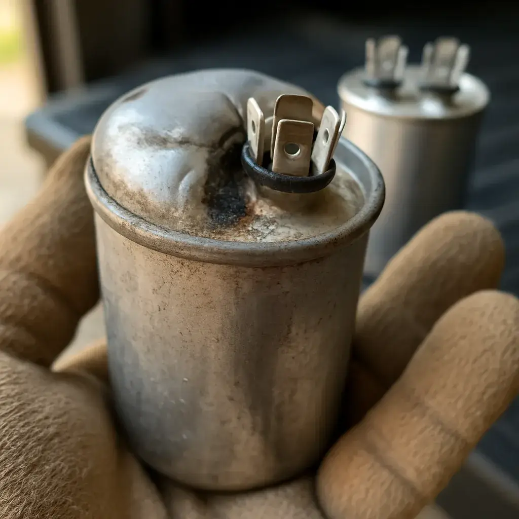 ac-repair-failed-capacitor-corrosion-close-up Corroded swollen AC capacitor found during Sunnyvale air conditioner repair