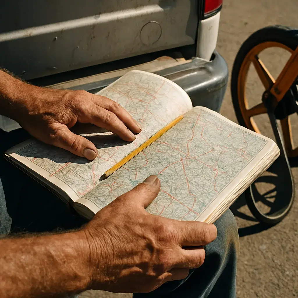 ac-repair-service-radius-map-check-closeup Technician's hands with road atlas checking A/C repair service area near Sunnyvale