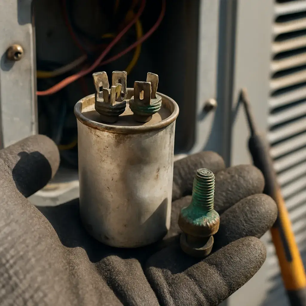ac-repair-failed-capacitor-corroded-terminal-closeup Failed corroded AC capacitor held during repair inspection in Sunnyvale
