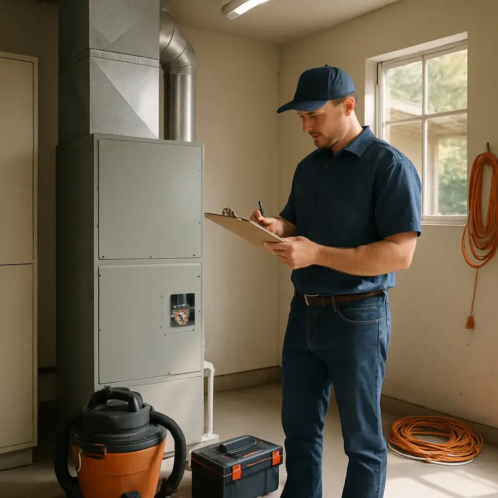 ac-system-repair-completed-air-handler-sunnyvale Completed A/C repair with reassembled air handler in Sunnyvale garage