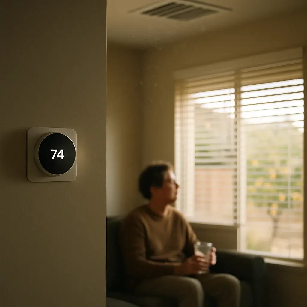 ac-system-repair-cool-airflow-living-room-sunnyvale Homeowner feeling cool airflow after A/C system repair in Sunnyvale living room