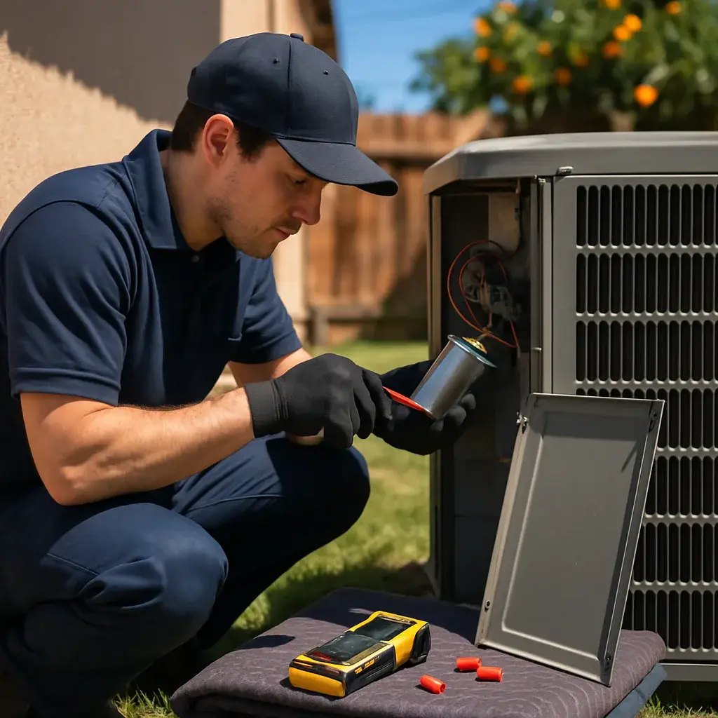 Technician replacing AC capacitor in outdoor condenser unit in Sunnyvale home