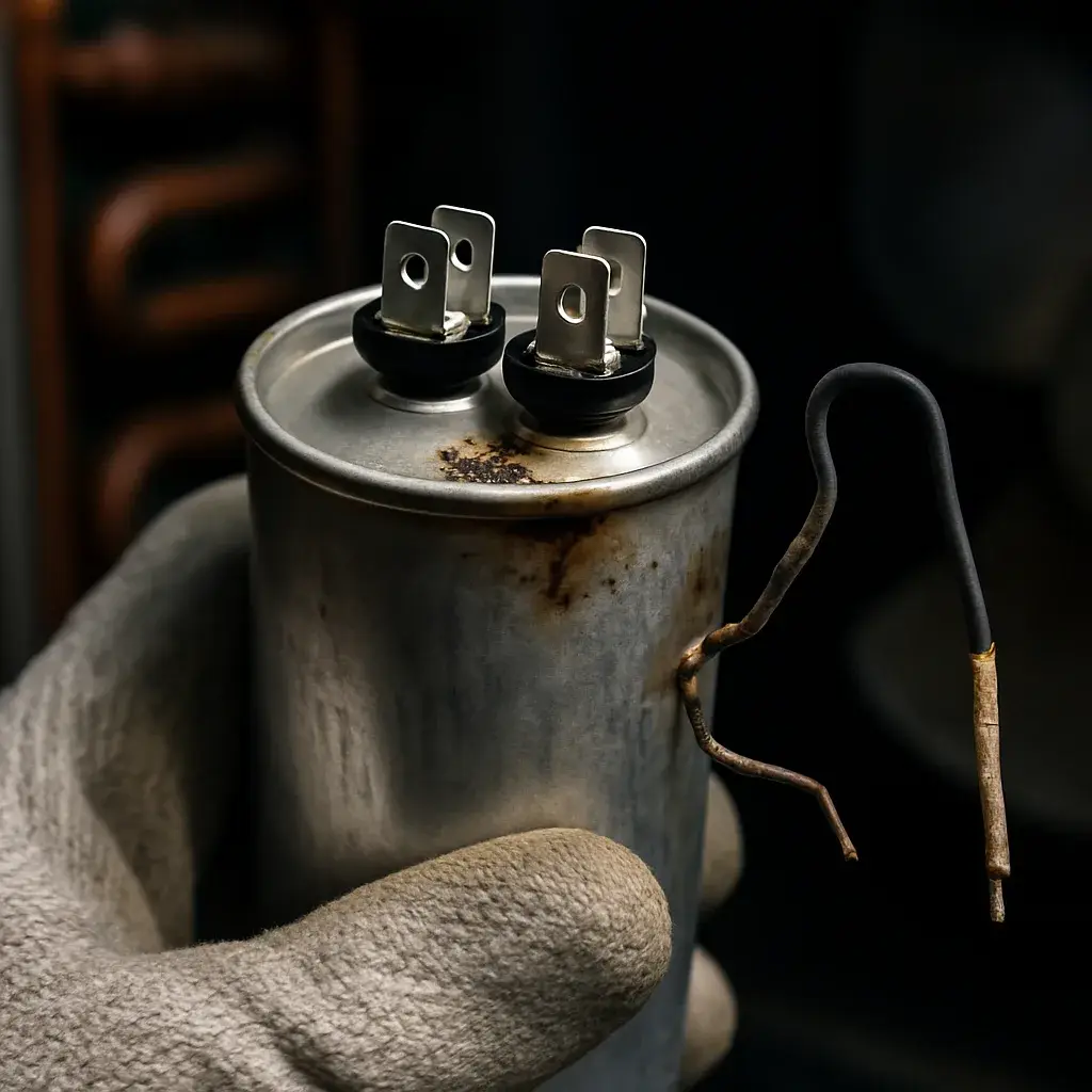failing-ac-capacitor-bulged-casing-sunnyvale Bulging failed AC capacitor close-up before Sunnyvale replacement service