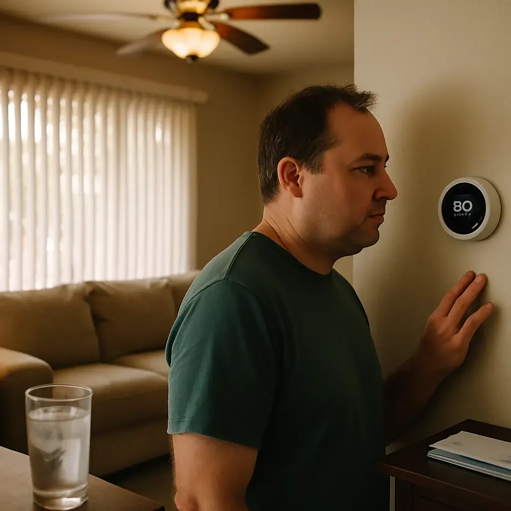 homeowner-checking-thermostat-ac-issue-sunnyvale Homeowner checking thermostat before calling for AC capacitor replacement Sunnyvale