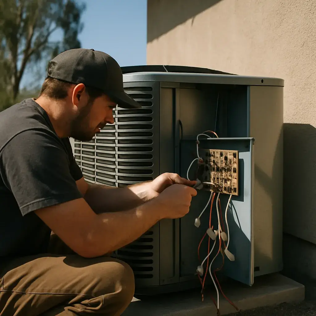 Technician replacing AC circuit board on rooftop condenser unit in Sunnyvale home