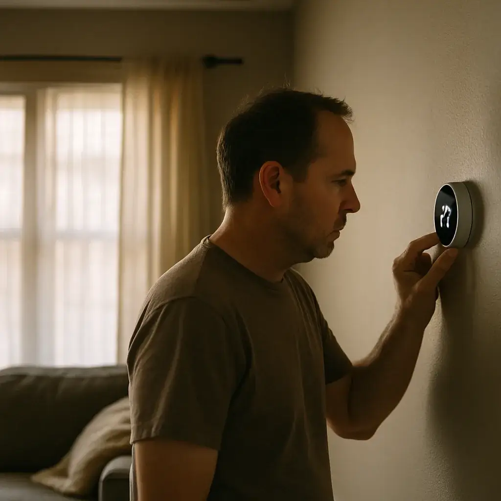 homeowner-thermostat-ac-circuit-board-replacement-sunnyvale Homeowner adjusting thermostat after AC circuit board replacement in Sunnyvale