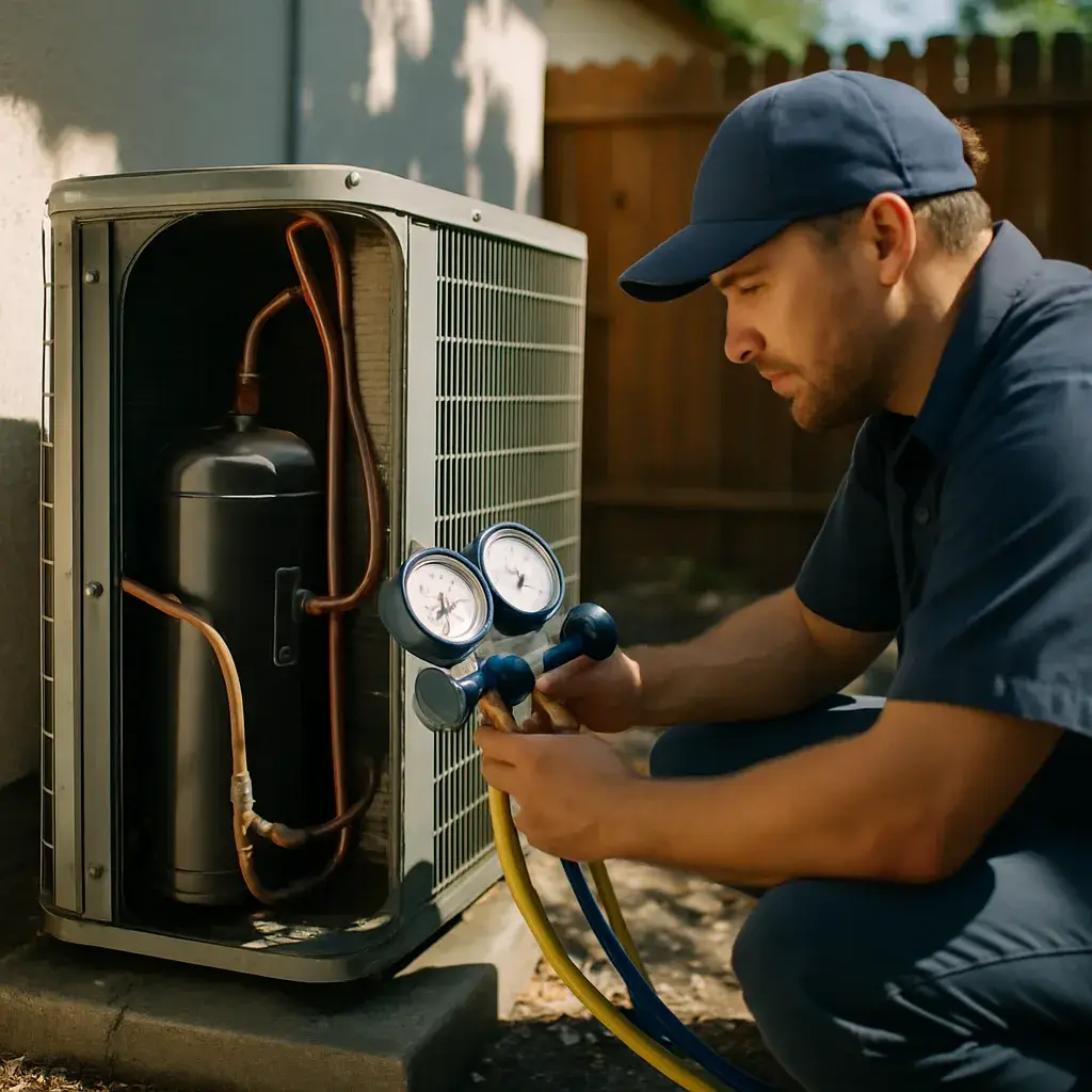 Technician checking AC compressor pressure gauges during Sunnyvale AC compressor replacement