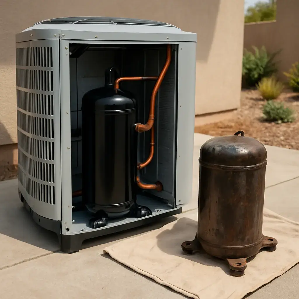 ac-compressor-replacement-before-after-sunnyvale New AC compressor installed next to old failed unit after Sunnyvale replacement service