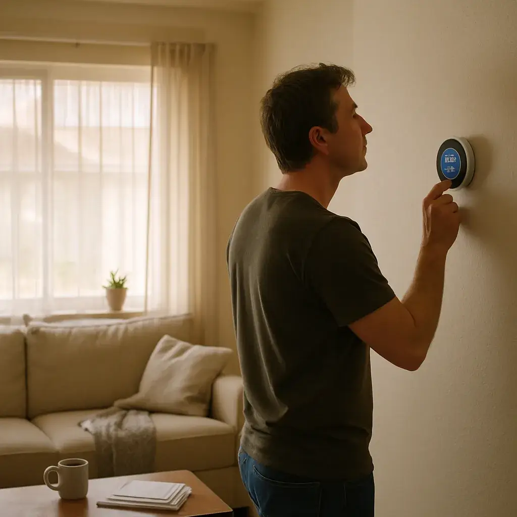 ac-compressor-replacement-thermostat-check-sunnyvale Homeowner checking thermostat after AC compressor replacement in Sunnyvale living room