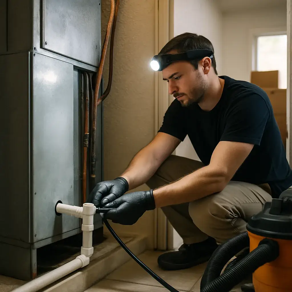 Technician clearing a clogged AC drain line in a Sunnyvale home air handler closet