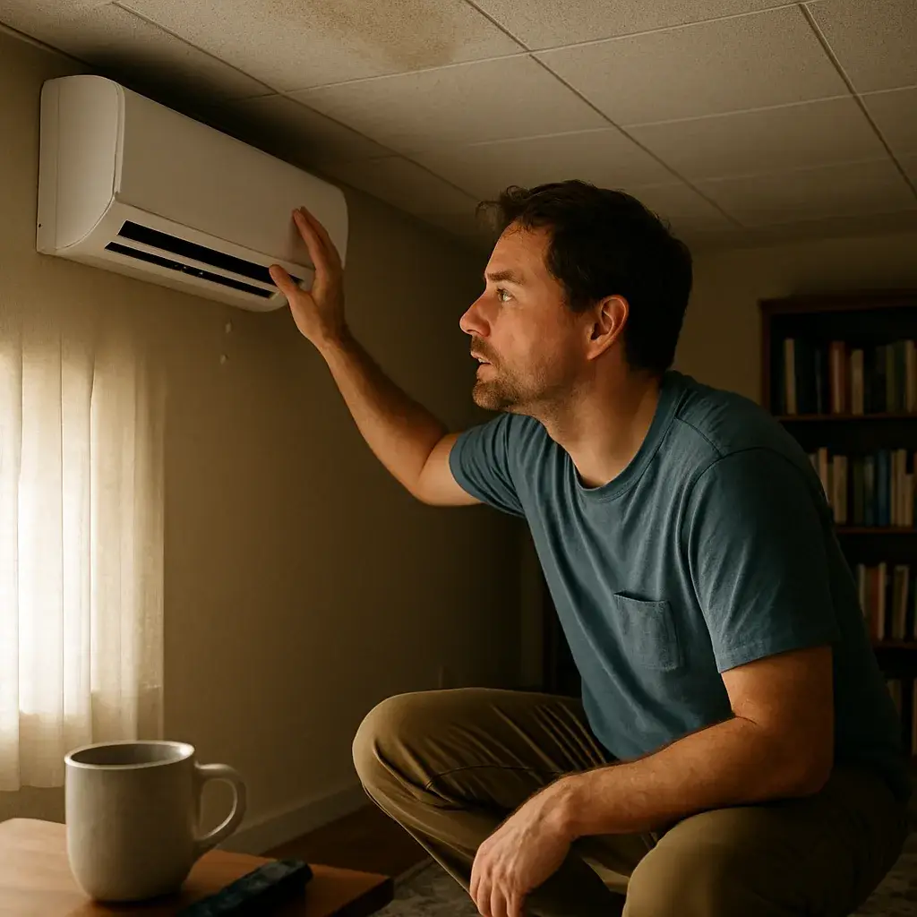 homeowner-ceiling-water-stain-clogged-drain-sunnyvale Homeowner noticing ceiling water stain from a clogged AC drain line in Sunnyvale