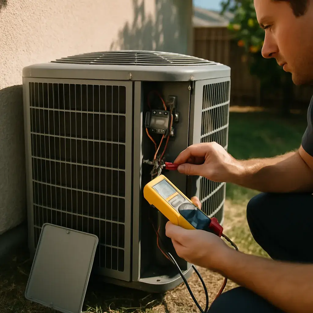Technician testing AC electrical repair wiring on outdoor unit in Sunnyvale home