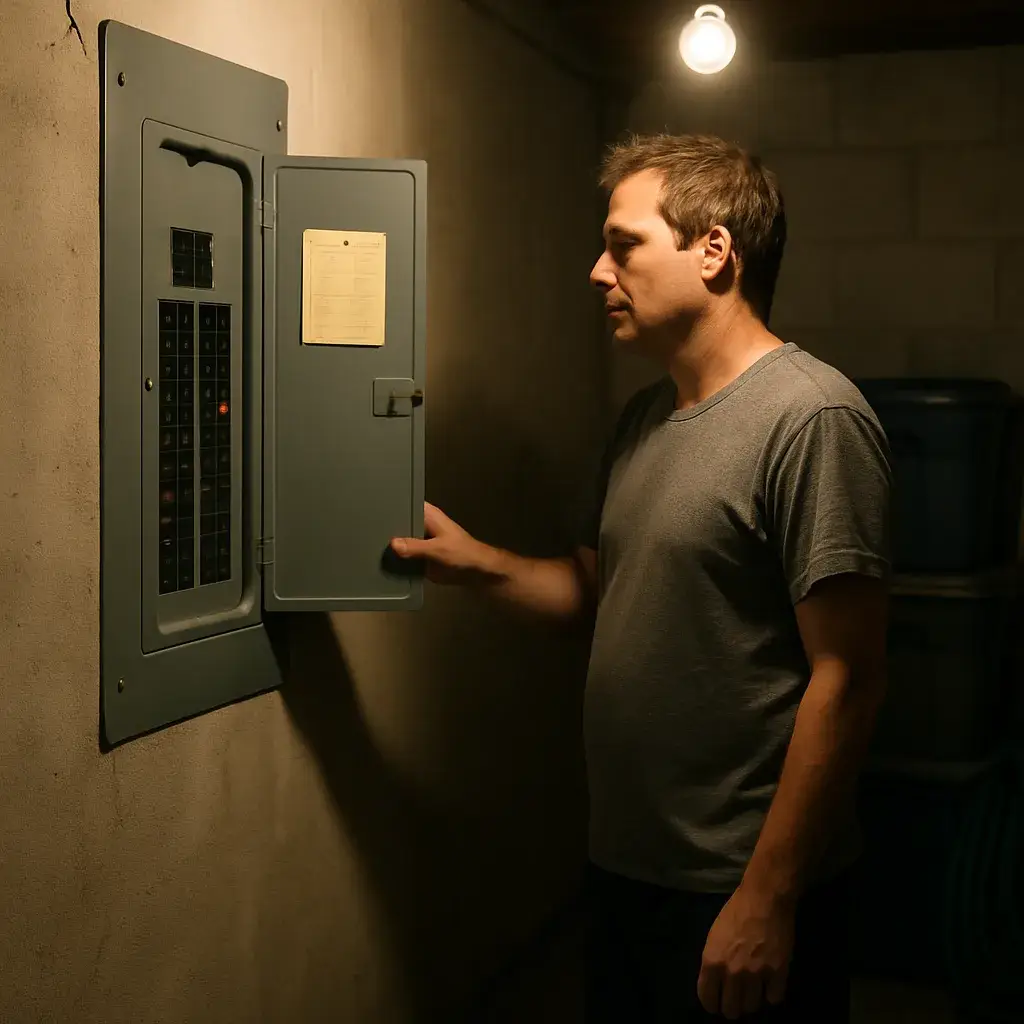 ac-electrical-repair-tripped-breaker-panel-sunnyvale Homeowner checking tripped breaker before calling AC electrical repair technician in Sunnyvale