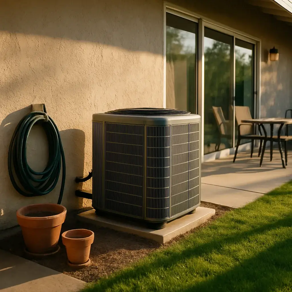 ac-electrical-repair-completed-condenser-sunnyvale Repaired outdoor AC unit reassembled after electrical repair at Sunnyvale home