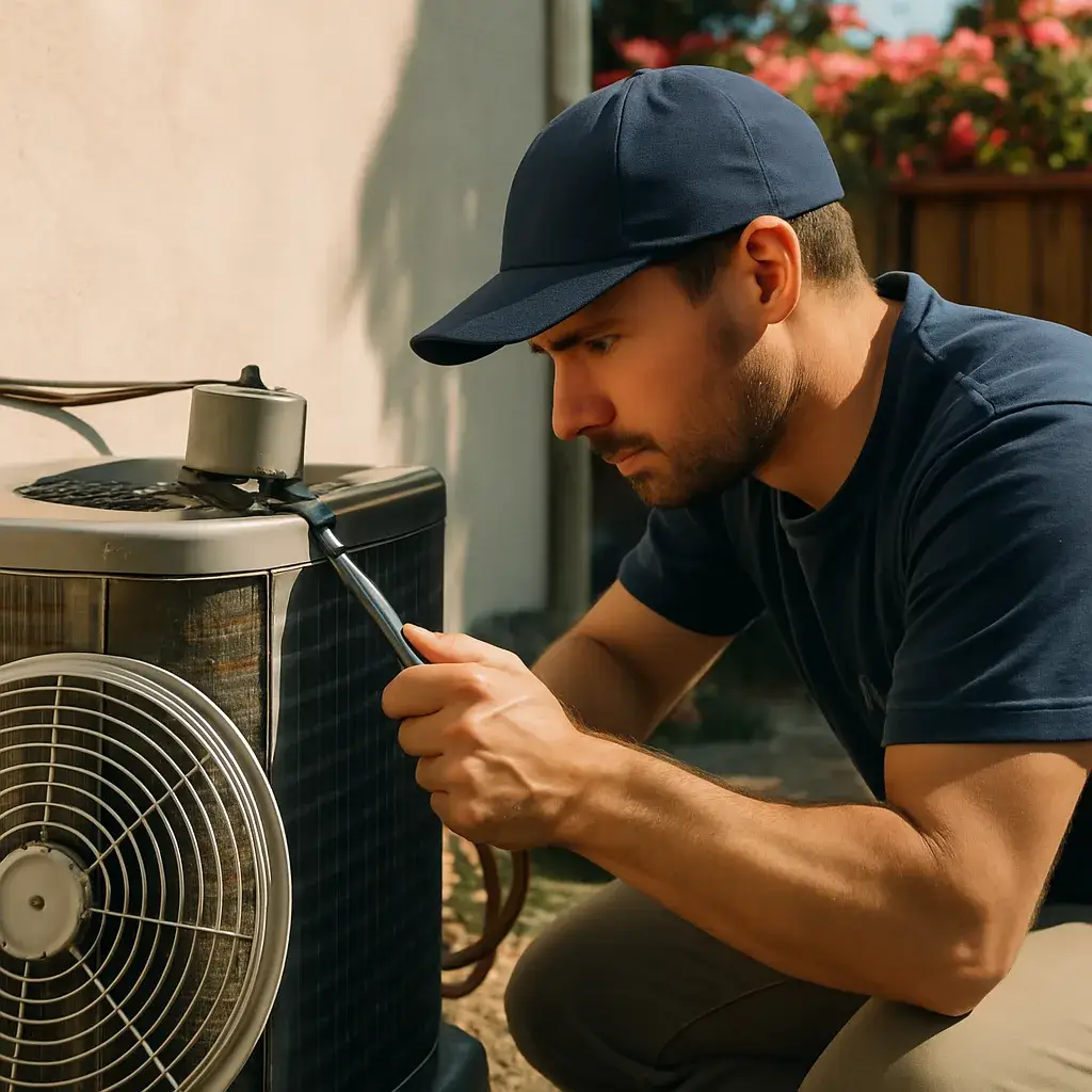 Technician replacing AC condenser fan motor outside Sunnyvale home